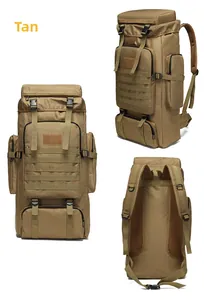 Three views of a 75L tan tactical backpack showing front, side and padded back mesh panels