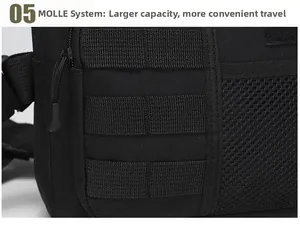 Close-up of tactical nylon backpack featuring MOLLE webbing system and mesh side pockets