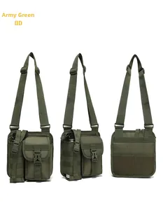 Trois vues du sac bandoulière tactique vert armée montrant le porte-bouteille latéral