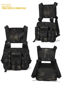 Three-way view of tactical chest bag in police black camouflage with durable nylon material