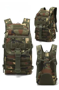 Three-view display showing 55L tactical camo backpack with MOLLE system and mesh padding