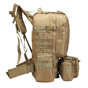 45L khaki tactical backpack set with MOLLE system and modular attachments for hiking