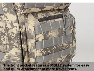 Close-up of tactical backpack with MOLLE system webbing and durable camo nylon fabric