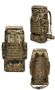 Three-way view of 75L camo tactical backpack with MOLLE system and breathable mesh padding