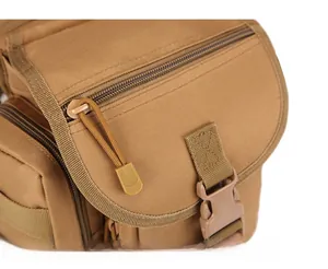 Detail of durable khaki tactical bag with high-quality zipper pullers and plastic buckle