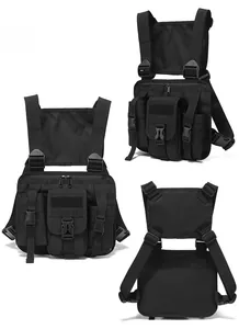 Front, side, and back views of a black tactical chest bag with Molle system webbing