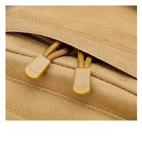 Detail of the durable khaki tactical backpack featuring heavy-duty two-way zippers and cords