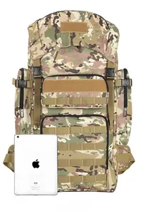 Detail view of 30L multicam tactical backpack with MOLLE system and iPad size comparison