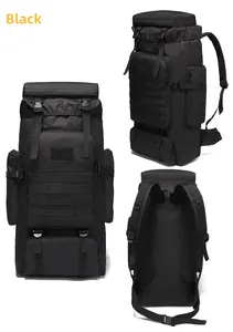 Multiple views showing breathable mesh back and tactical compartments of black 75L backpack