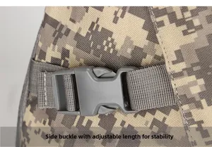 Close-up of the adjustable side buckle and durable camo nylon fabric on hiking backpack