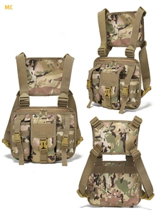Three views of Multicam camouflage tactical chest rig with durable nylon and utility pockets