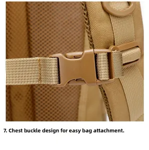 Detail of hiking backpack showing tactical chest buckle and breathable mesh back panel