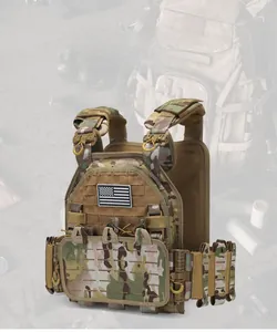 Detail of multicam tactical vest featuring MOLLE system and American flag patch