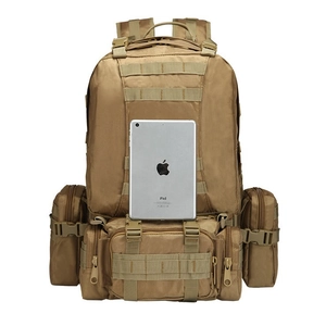 Tactical 45L outdoor hiking backpack in khaki nylon with MOLLE system and multiple pockets