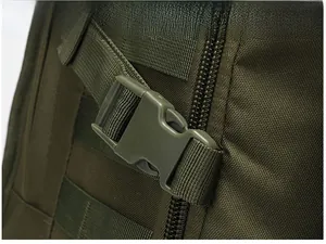 Macro detail of army green tactical backpack showing heavy-duty plastic buckle and nylon strap