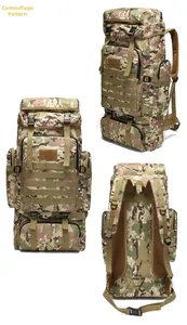 Detailed views of 75L MultiCam camouflage hiking backpack with MOLLE system and padded back