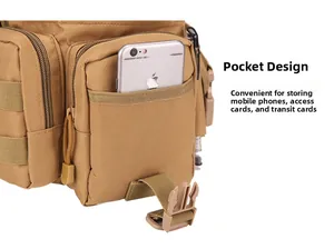 Detail of tactical oxford cloth leg bag front pocket holding a smartphone and cards