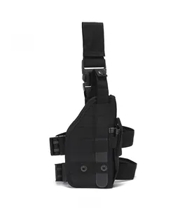 Front view of black tactical thigh holster with adjustable nylon straps and buckle