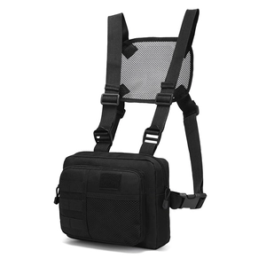 Men's black tactical chest rig bag with MOLLE system and adjustable mesh straps