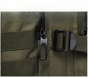 Macro detail of high-quality metal zippers and buckles on camo hiking backpack