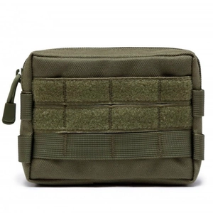 Detail view of military green tactical pouch with MOLLE webbing and velcro panel features