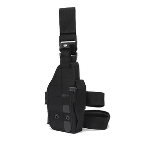 Close-up of durable black nylon tactical leg holster with adjustable straps and buckles