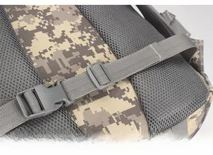 Detail of camouflaged tactical backpack with breathable mesh padding and adjustable buckle