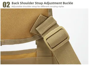 Detail of adjustable tactical shoulder strap buckle in khaki high-density nylon fabric