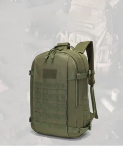Detailed view of military green tactical backpack with Molle system and velcro patch area