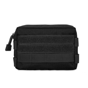 Detail showing durable black nylon Molle EDC pouch with velcro panel and tactical webbing