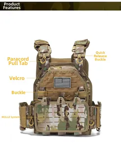 Detail of camouflage tactical vest featuring quick-release buckles and MOLLE system straps