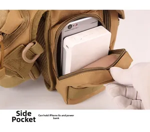 Close-up of side pocket on khaki tactical bag showing capacity for phone and power bank