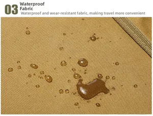Macro shot of khaki waterproof oxford fabric with water droplets on a crossbody bag
