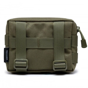 Detail view of military green Molle tactical pouch with durable nylon webbing and buckles
