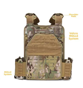 Detail of tactical vest featuring adjustable shoulder pads and MOLLE webbing system
