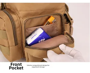 Detailed close-up of tactical leg bag front pocket with inner divider for organization