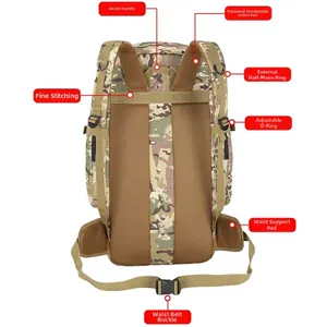 Detail view of tactical backpack featuring breathable mesh back padding and waist support system