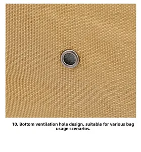 Detail of the metal air vent on the bottom of this khaki tactical backpack