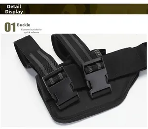 Close-up of tactical leg holster buckle with quick-release nylon strap and durable fasteners