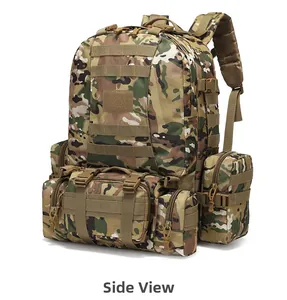 Vista laterale dello zaino tattico mimetico con sistema MOLLE e tasche modulari esterne
