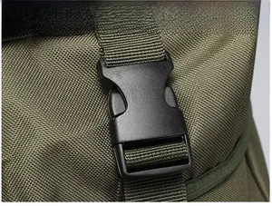Detail of high-density camo nylon fabric and heavy-duty adjustable buckle for hiking backpack