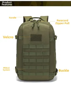 Close-up of military tactical backpack featuring MOLLE webbing system and velcro patch area