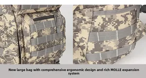 Close-up of tactical camo backpack showing MOLLE expansion system and durable fabric
