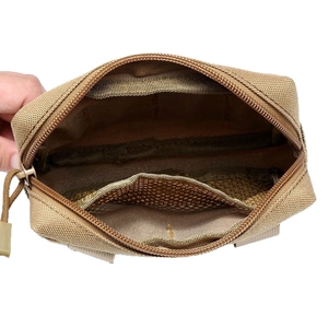 Tactical EDC Molle waist bag in khaki nylon showing multi-layered interior and mesh pocket