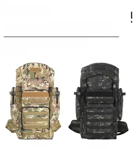 Detail view of 30L tactical backpacks in camo yellow and black with MOLLE system