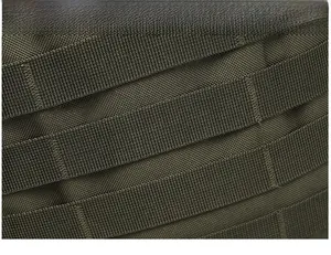 Close-up of durable military olive green nylon MOLLE webbing system on tactical backpack