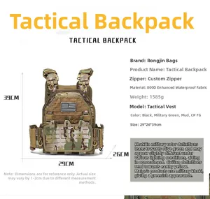 Size chart detail of tactical vest showing 29x26x39cm dimensions and 800D fabric info