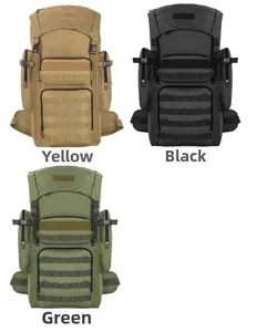 Three tactical backpacks shown in tan, black and green colors with MOLLE webbing detail