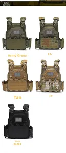 Tactical vest color options in green, tan, black, and camouflage patterns with flag patches