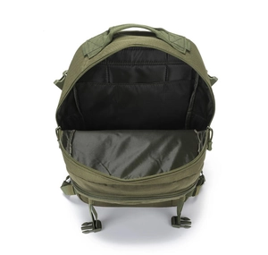 Internal view of army green tactical backpack showing multi-layer storage compartments